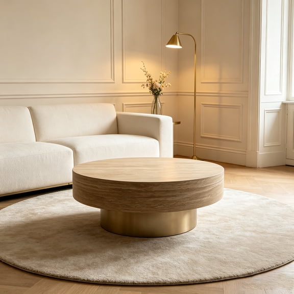 Round Coffee Table with Gold Pedestal Base, Faux Travertine Drum Center Table with Textured Top for Living Room, 31.88 x 31.88 x 14.37in, Champagne & Marble