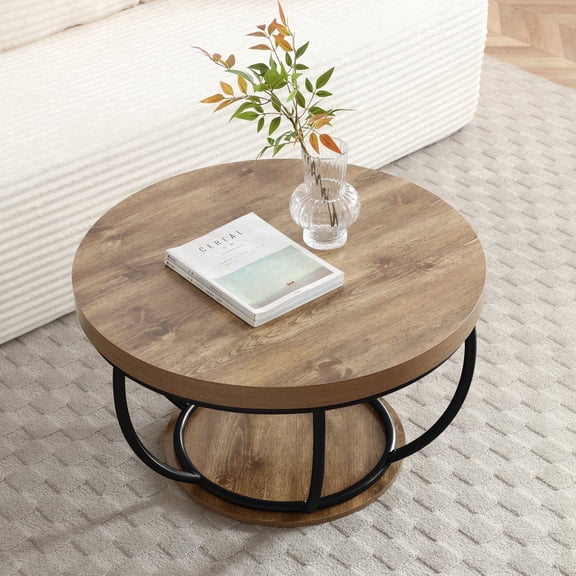 Vanress 31" Modern Round Coffee Table,Wooden 2-Tier Circle Coffee Tables with Storage Shelves,Accent Center Table for Living Room, Sofa Table for Home Office