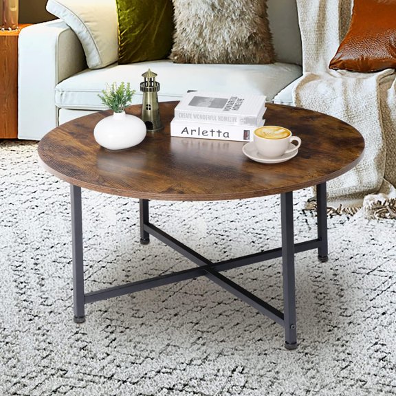 Round Coffee Table, Industrial Style Cocktail Desk Modern Leisure Tea Table, Kitchen Dining Table for Living Room, Dining Room, Tea, Home Office Balcony with Durable Metal Frame