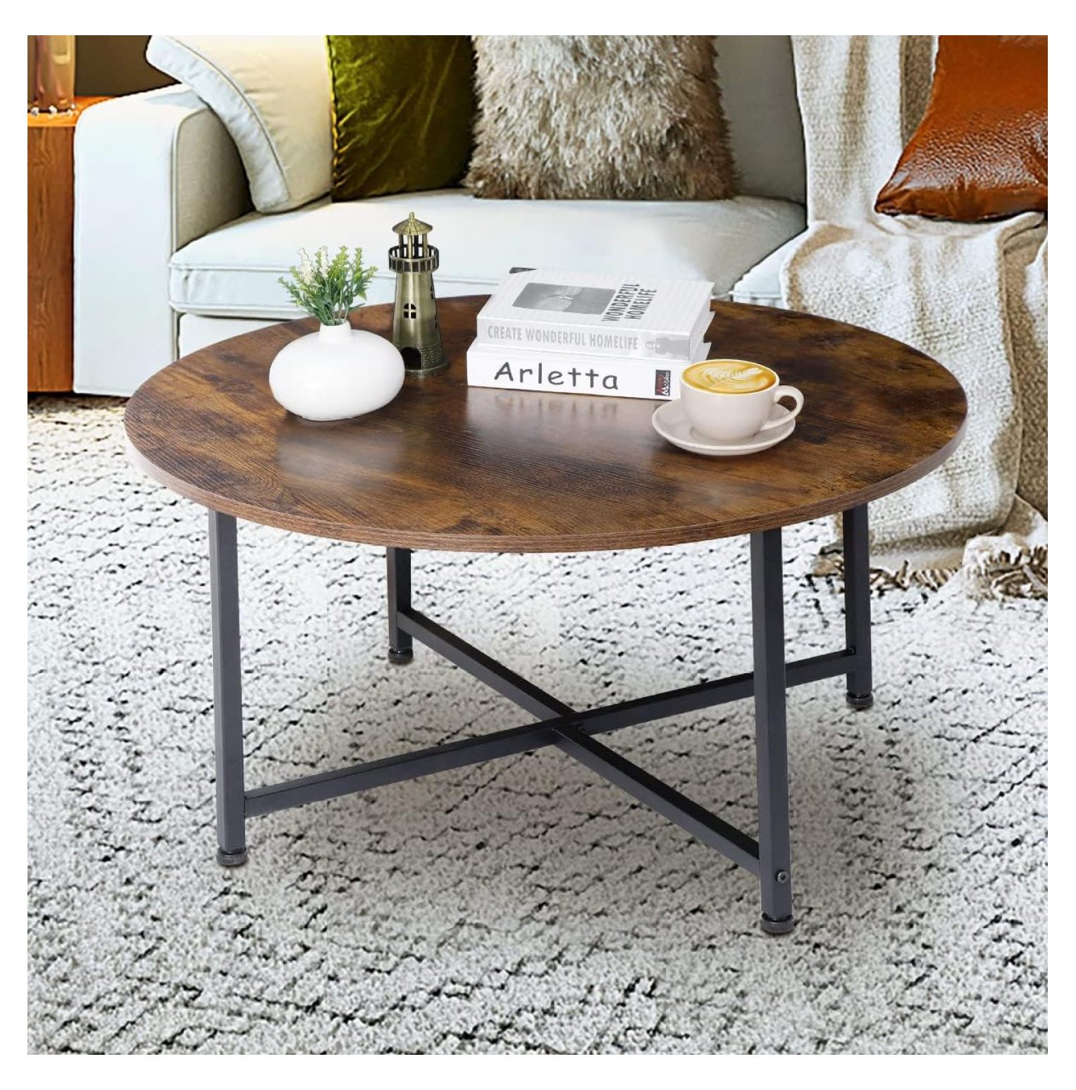 Round Coffee Table, Industrial Style Cocktail Table Modern Leisure Tea ...