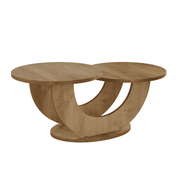 Round Coffee Table, Layered Design Living Room Table, U-Shaped Farmhouse End Table with Storage, Modern Accent Table for Living Room, 31.5" Wood Look