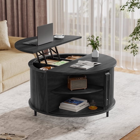 VNT Round Coffee Table Lift Top with Storage and Sliding Door, 31.5" Mid Century Fluted Small Center Table for Living Room, Black
