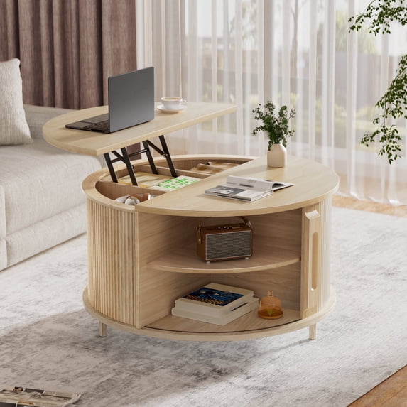 Pikvki Round Coffee Table Lift Top with Storage and Sliding Door, 31.5" Mid Century Fluted Small Center Table for Living Room, Natural Oak