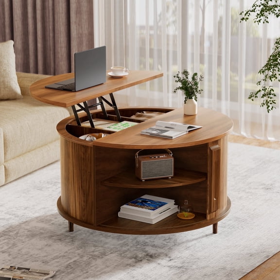 VNT Round Coffee Table Lift Top with Storage and Sliding Door, 31.5" Mid Century Fluted Small Center Table for Living Room, Walnut