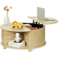 thumbnail image 1 of Round Coffee Table with Lifting Top, Small Circle Coffee Table with Storage, Mid Century Modern Center Table with 180° Sliding Tambour Door, Wood Fluted Dining Table for Living Room, Natural, 1 of 18