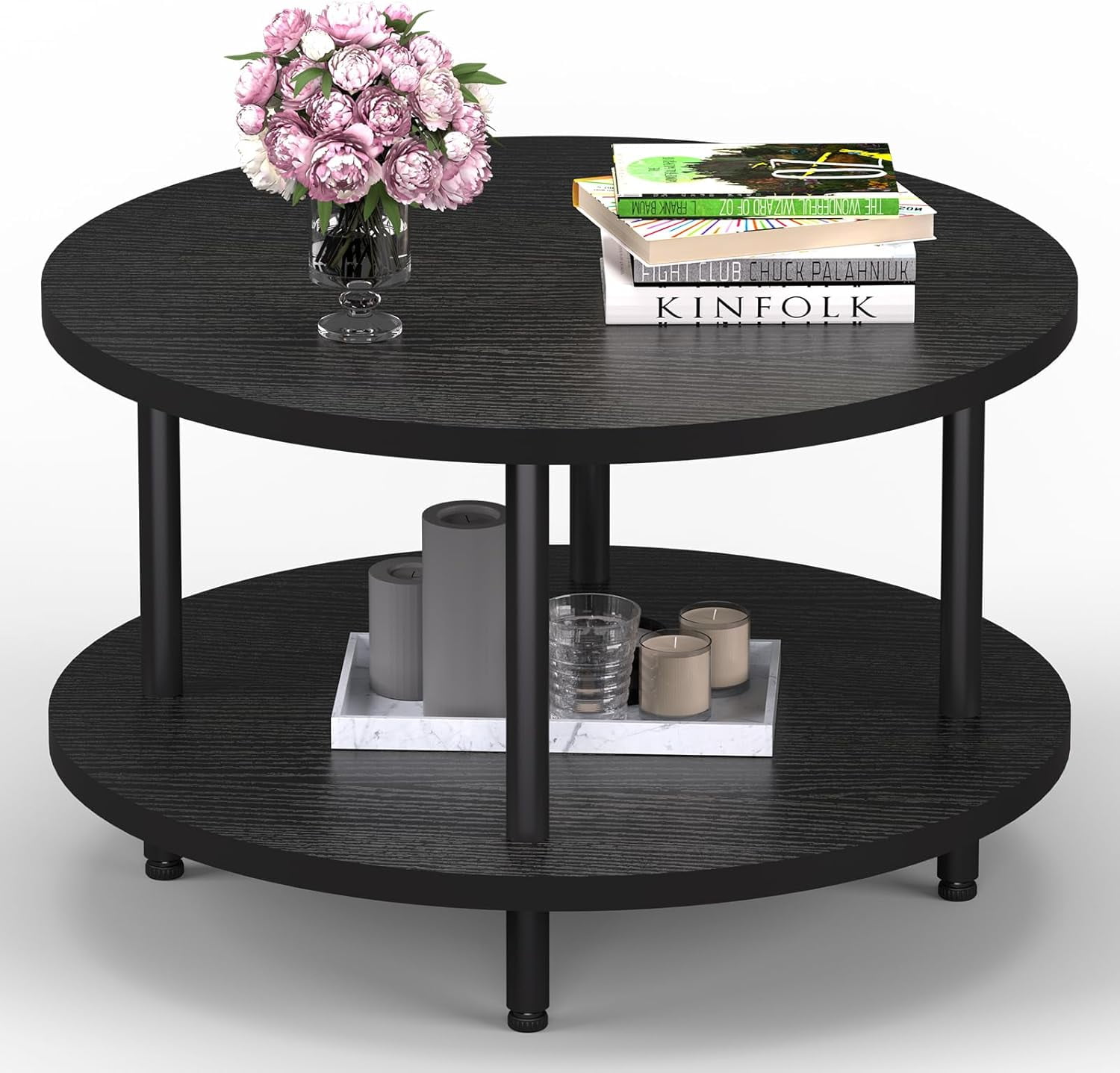 Round Coffee Table for Living Room, 23.6" 2 Tier Circle Coffee Table ...