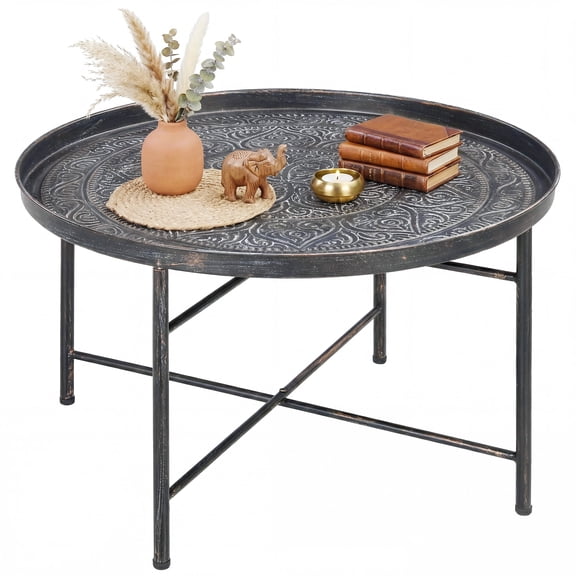 Round Coffee Table for Living Room, 24" Center Table with Hammered Floral Tray Top and Pewter Metal Frame, Stable Side Table with Adjustable Feet for Bedroom or Office Area