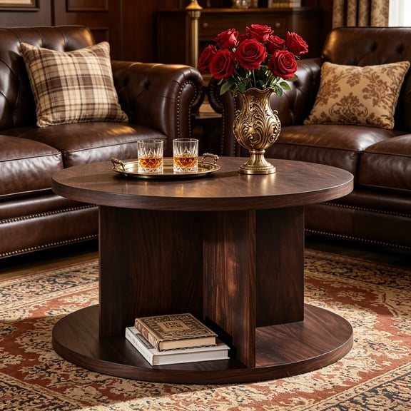 Round Coffee Table for Living Room, 32" Modern Center Table with Cross Support Structure & Open Storage Cubby, Wood Circle Cocktail Table for Small Space, Apartment, Dark Walnut