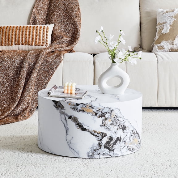Round Coffee Table Living Room Table - Modern Faux Marble Design with Wood Accents in Grey,No Assembly Required - Ready to Use,Space-Saving