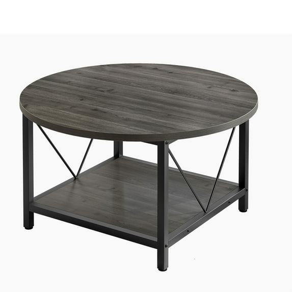 Round Coffee Table, Living Room Table with 2-Tier Storage Shelf, Wood Modern Coffee Table with Metal Frame