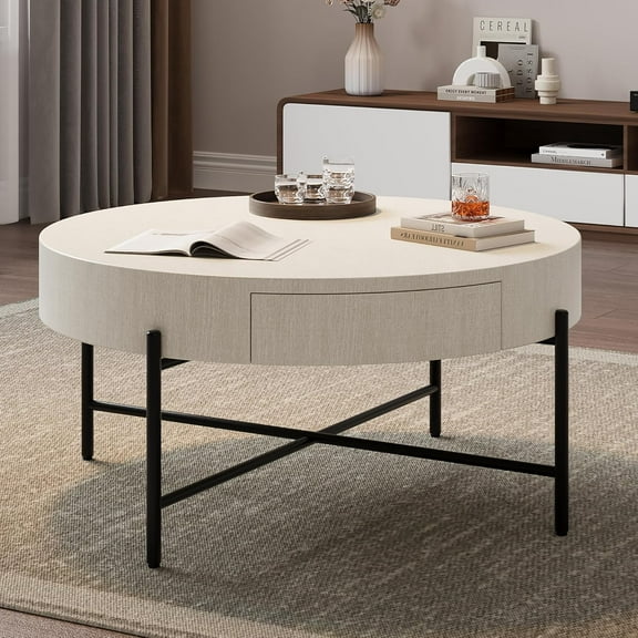 Round Coffee Table Living Room Wood Center Table with Two Drawers Farmhouse Coffee Table Rustic Circle Cocktail Table Metal Legs, Easy Assembly,White