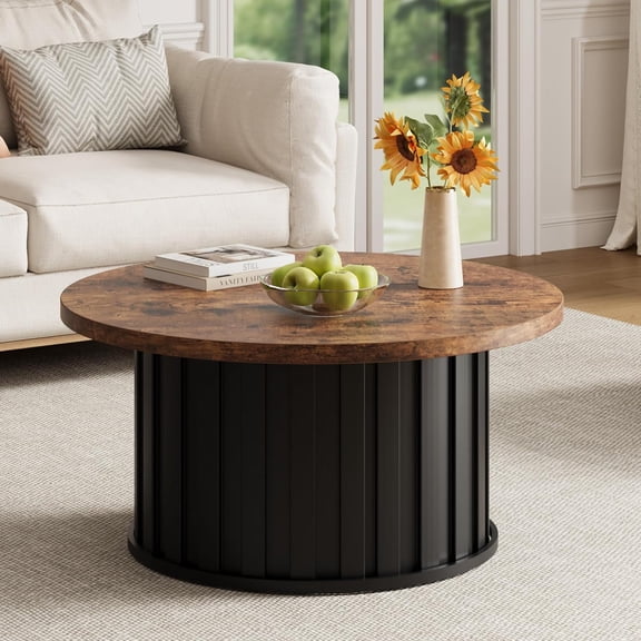 31.9" Fluted Round Coffee Table with Metal Base, Mid Century Modern Center Table for Living Room & Small Apartments, Retro Style