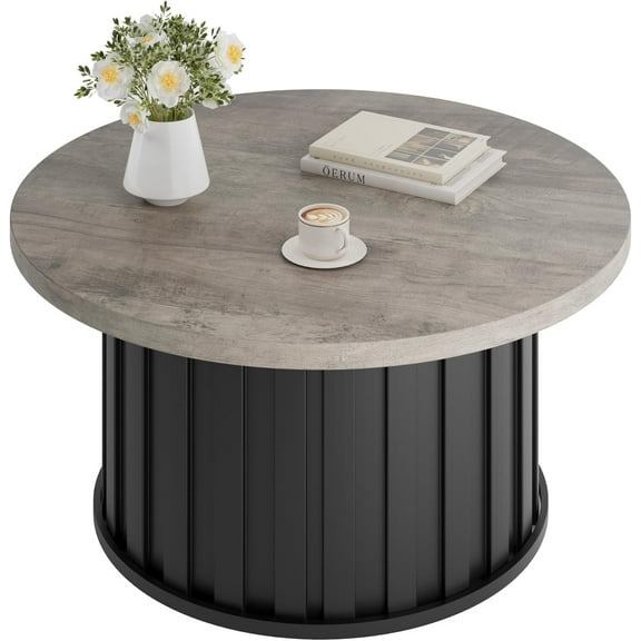Round Coffee Table, Mid Century Modern Coffee Table with Metal Base, 31.9 in Fluted Center Table for Living Room, Home Small Space, Apartment (Grey)