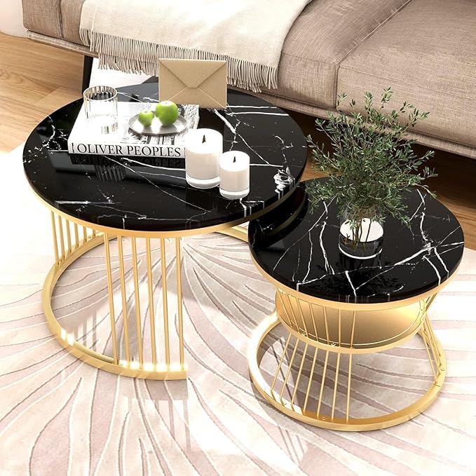 Round Coffee Table Modern Nestings Table Set of 2 Piece with Marble ...