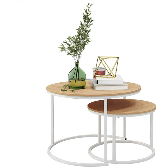 Round Coffee Table,Nesting Coffee Table Set of 2,Center Tables for Living Room,Office, Home Small Space,Stacking Side Tables,Sturdy and Easy Assembly,Wood Desktop,White+Teak OAKDK,Large