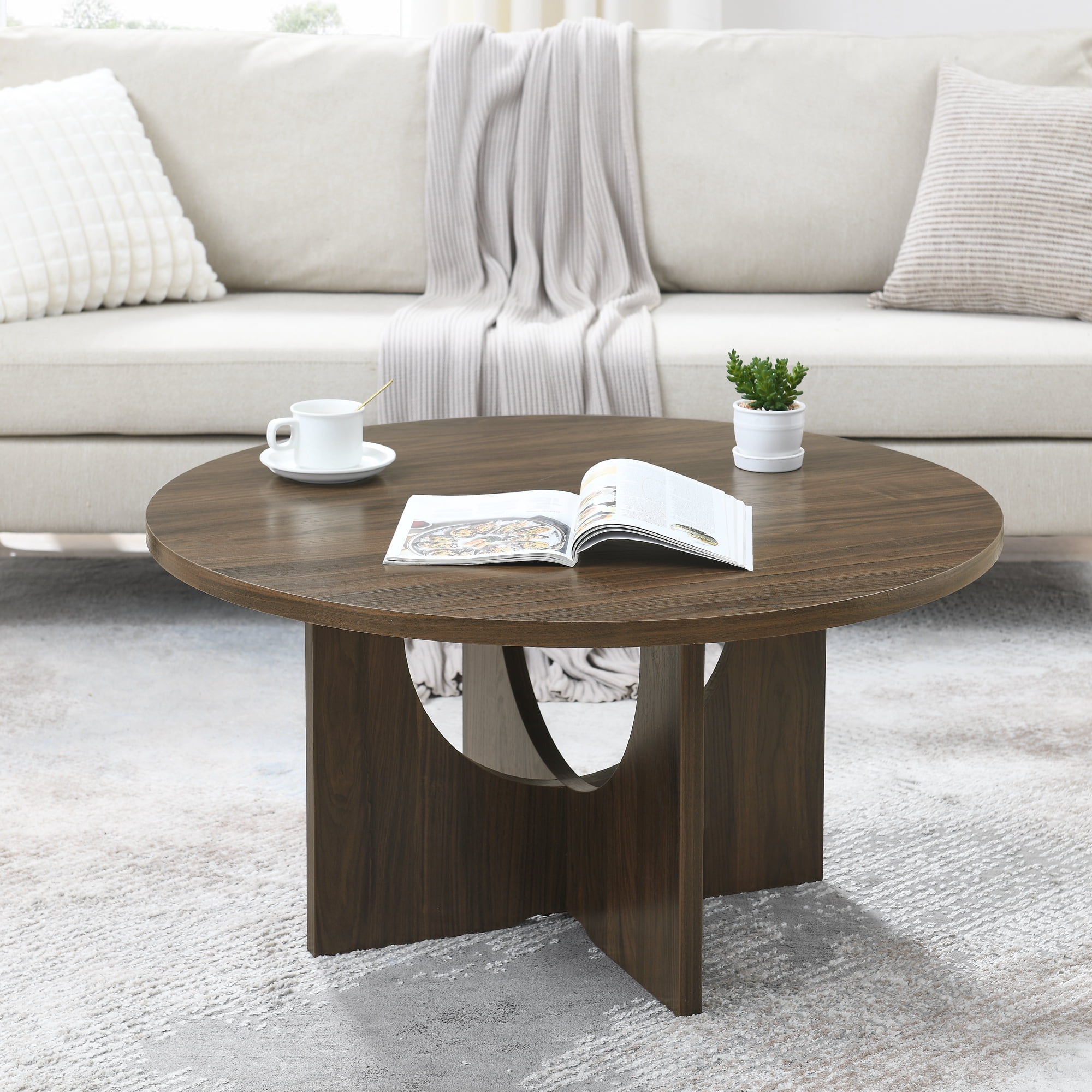 Round Coffee Table,Nordic Style Solid Wood Coffee Table with Wood Leg,Natural Walnut