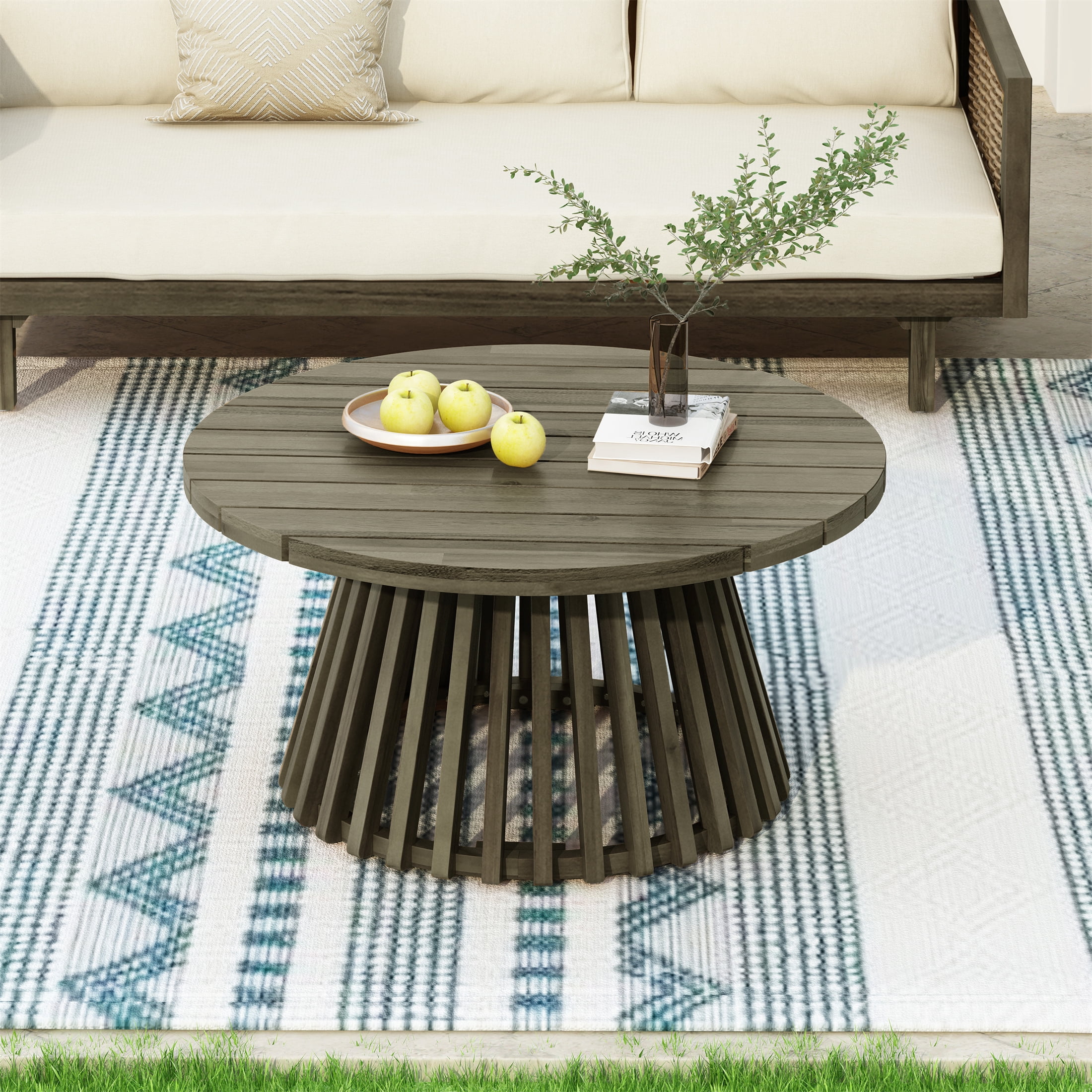Round Coffee Table, Outdoor Acacia Wood Table for Backyard Lawn Balcony, Grey