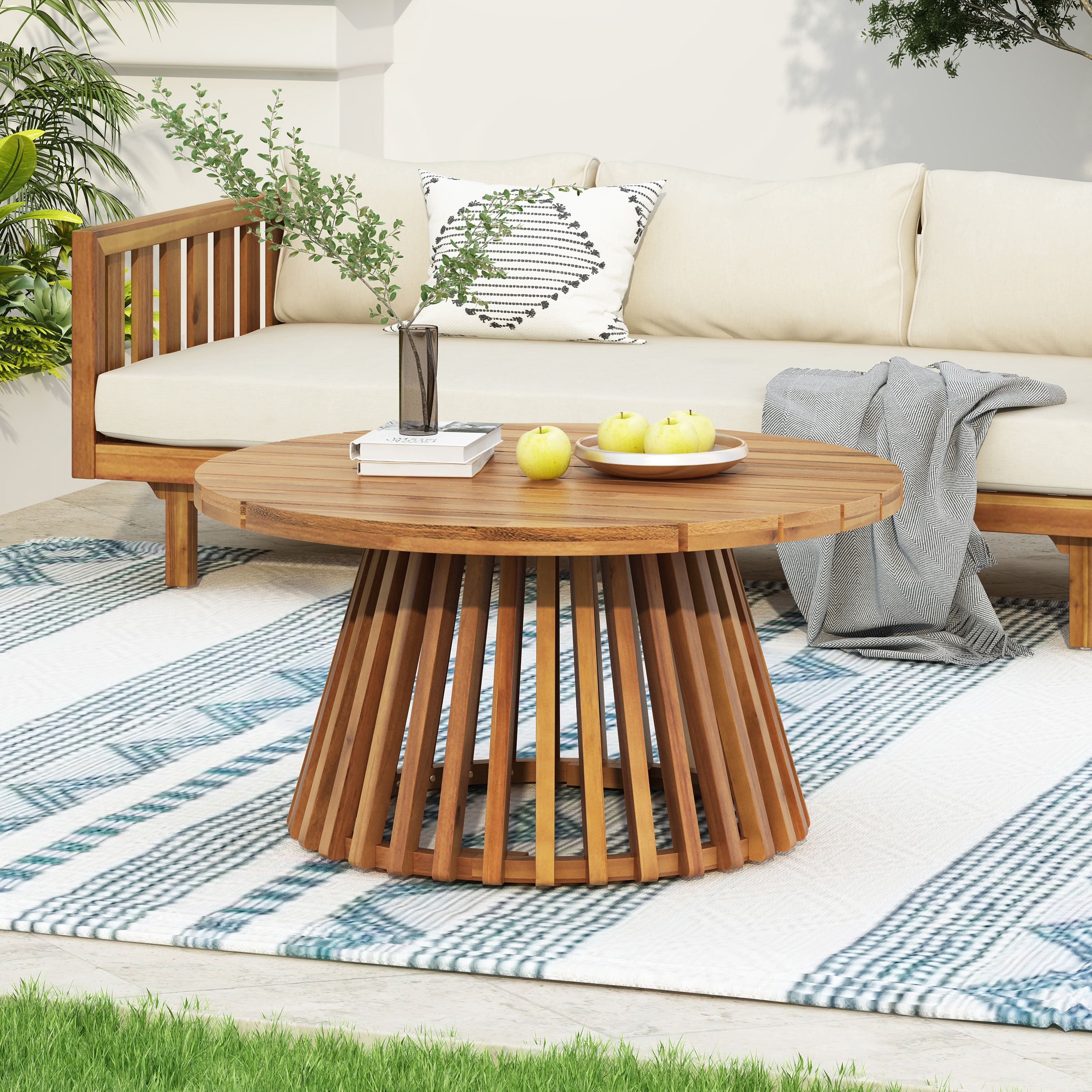 Round Coffee Table, Outdoor Acacia Wood Table for Backyard Lawn Balcony, Teak Finish