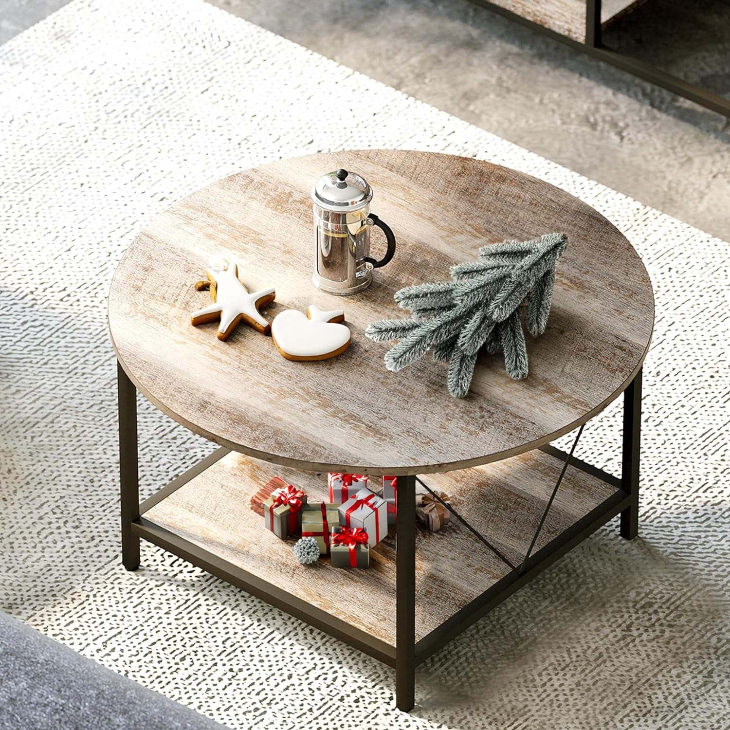 Round Coffee Table, Rustic Wood Coffee Table for Living Room, Farmhouse ...