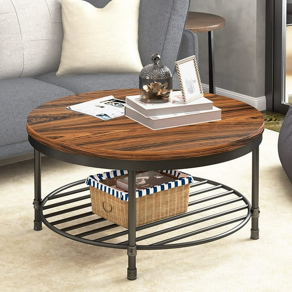 Round Coffee Table, Rustic Wood Surface Top & Sturdy Metal Legs Industrial Sofa Table for Living Room Natural End Table Modern Design Home Furniture with Storage Open Shelf(Dark Red Brown)