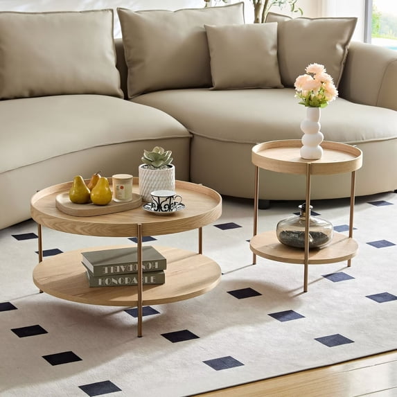 Round Coffee Table Set of 2, 2-Piece Modern Nesting Coffee Tables with Metal Legs, 2 Tier End Side Tables for Bedroom Office Balcony Yard, Easy Assembly, Natural