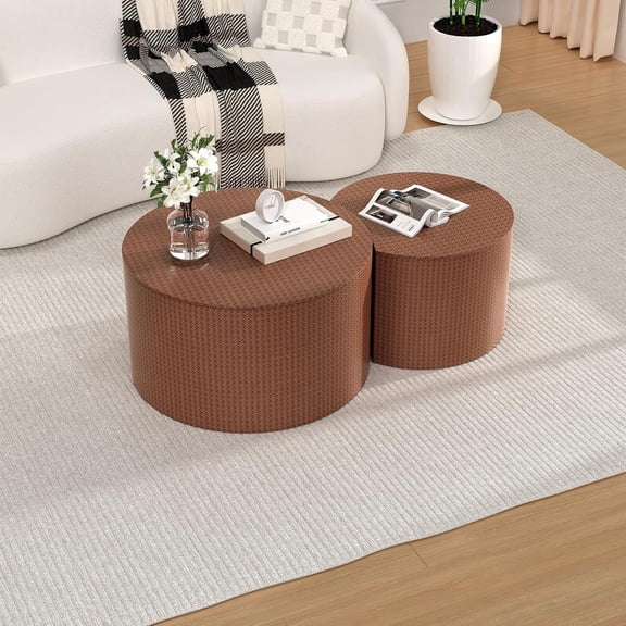Round Coffee Table Set of 2 (Brown 26.8"+18.3") | Modern Nesting Tables, Circle Drum Coffee Tables, Non-Slip Feet, End Table, For Living Room Office, No Assembly