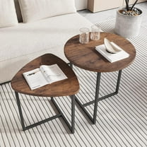 Round Coffee Table Set of 2 End Tables for Living Room,Black Small Coffee Table Living Room Table,Metal Frame & Wood,Sturdy and Easy Assembly,Stacking Side Tables Bedroom,Brown