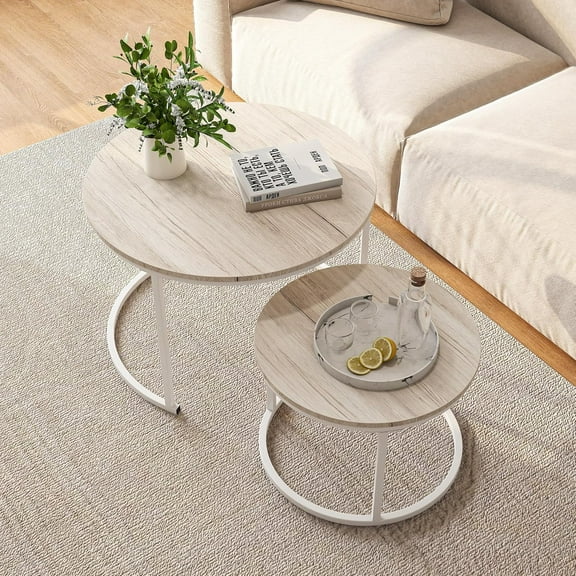 Round Coffee Table Set of 2 End Tables for Living Room,Modern White Coffee Table Nesting Tables,Living Room Tables Wood Furniture Metal Frame,Sturdy Stacking Side Tables,Easy Assembly,Oak