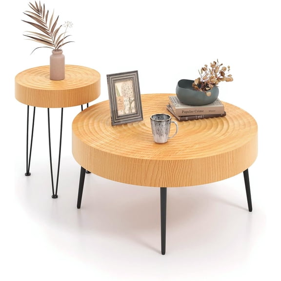 Round Coffee Table Set of 2, Farmhouse Boho End Tables with Natural Finish & Wood Ring Motif, Solid Wood Nesting Side Tables with Metal Legs & Adjustable Foot Pads for Living Room, Bedroom