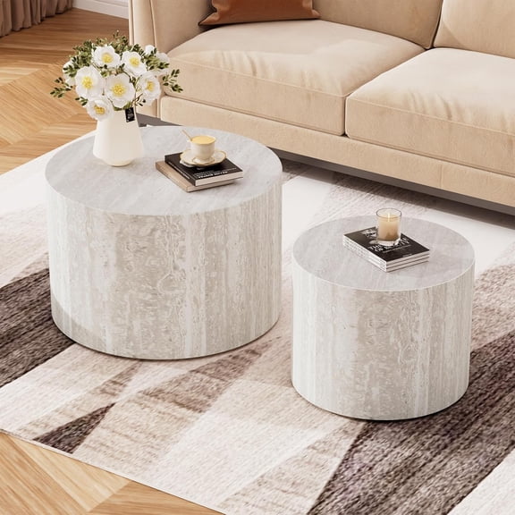 Round Coffee Table Set of 2, Faux Travertine Nesting Coffee Tables, Modern Drum Coffee Table for Living Room, Center Table, End Table Side Table for Small Space, Light Gray