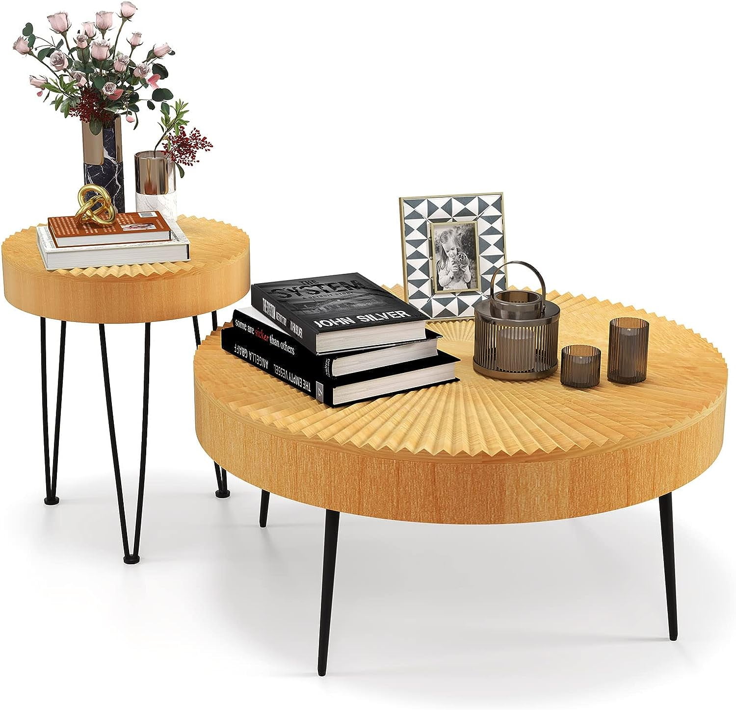 Round Coffee Table Set of 2, Modern Farmhouse End Tables with Natural ...