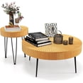 thumbnail image 1 of Round Coffee Table Set of 2, Modern Farmhouse End Tables with Natural Finish, Aesthetic Line Design, Solid Wood Nesting Side Tables for Living Room, Bedroom, Easy Assembly, 1 of 9