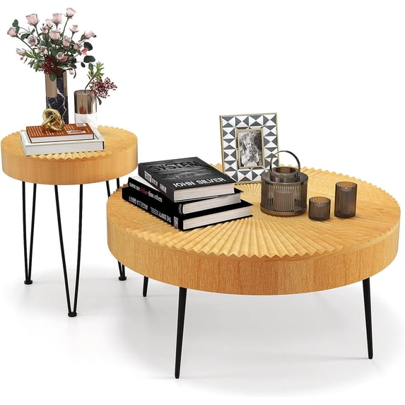 Round Coffee Table Set of 2, Modern Farmhouse End Tables with Natural Finish, Aesthetic Line Design, Solid Wood Nesting Side Tables for Living Room, Bedroom, Easy Assembly