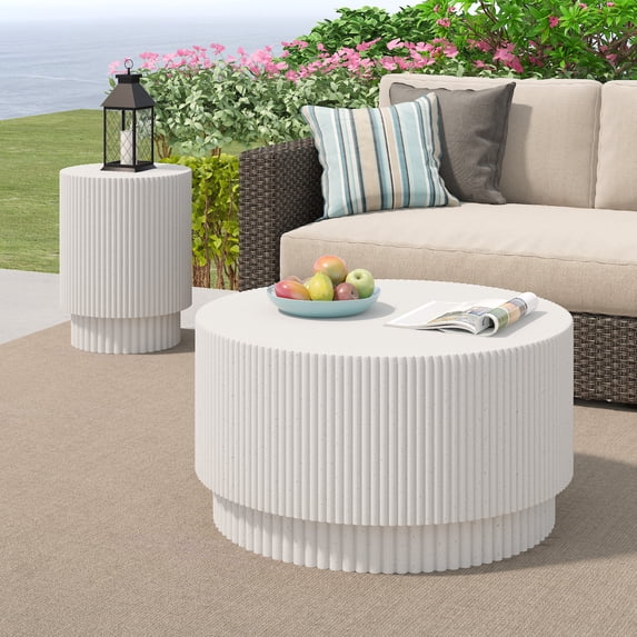 Round Coffee Table Set of 2, Modern Side Table Accent End Table, Circle Center Table Weather Resistant Tables for Indoor Outdoor Living Room Bedroom Apartment Gardern Balcony, White