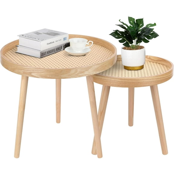 Round Coffee Table Set of 2, Natural Boho Coffee Tables, Small Mid Century Modern Rattan Coffee Table, Boho Side Table End Tables for Living Room Bedroom Office