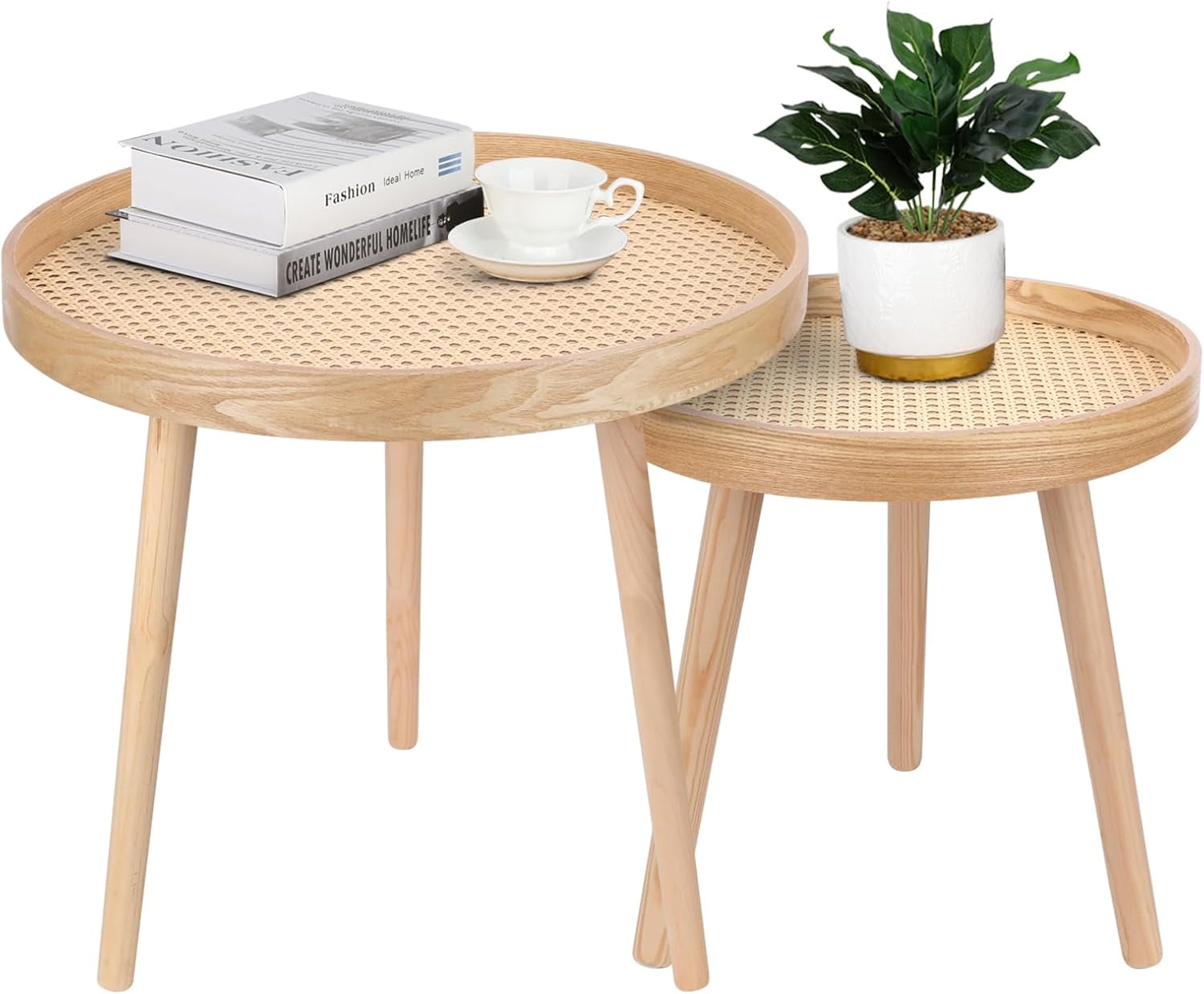 Round Coffee Table Set of 2, Natural Boho Coffee Table, Small Mid ...