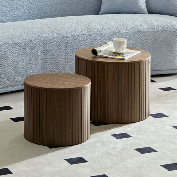 Round Coffee Table Set of 2, Nesting Coffee Tables for Living Room, Modern Wooden Side Tables, Accent End Table, for Small Space, Apartment, No Need Assembly, Walnut