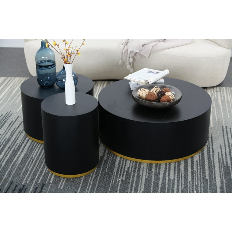 Round Coffee Table Set of 3 Circle Leisure Side Table End Table with High end Walnut Oak Welt Technology Bedside Table Footstool for Living Room