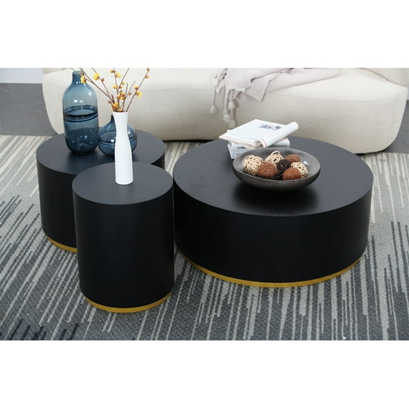 Round Coffee Table Set of 3, Circle Leisure Side Table End Table with High-end Walnut + Oak Welt Technology, Bedside Table Footstool for Living Room, Fully Assembled, Black