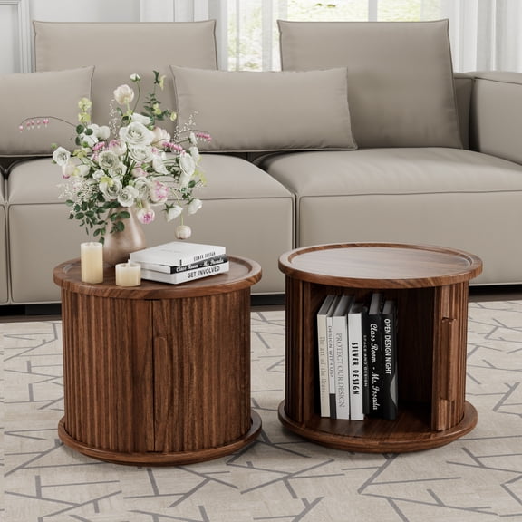 Round Coffee Table Set, Modern Nesting Side Tables with Sliding Door Storage, Walnut Finish Sofa End Table & Bedside Nightstand for Living Room & Bedroom, Fluted Roman Column Design Accent Tab