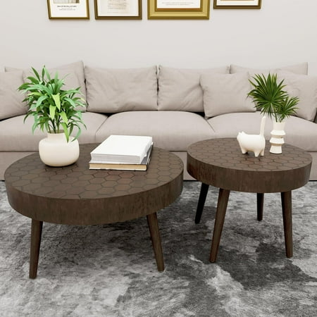 Round Coffee Table Set of 2, 2 Piece Farmhouse Nesting Table w Pattern, Modern MDF End Table for Living Room Bedroom Office Balcony