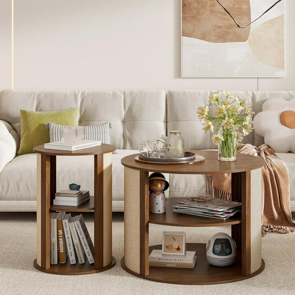 Round Coffee Table Set of 2, Coffee Table with Storage Shelf, 2-Tier Center Coffee End Table for Living Room (Walnut)