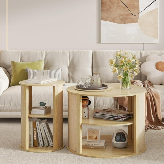 Round Coffee Table Set of 2, Coffee Table with Storage Shelf, 2-Tier Center Coffee End Table for Living Room (Wood)