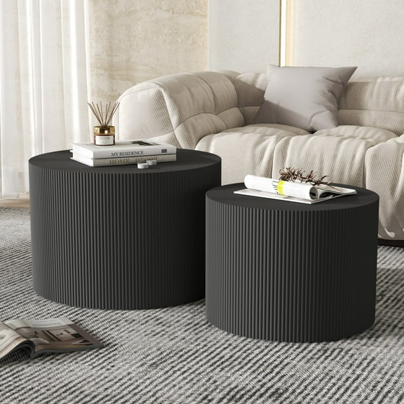 Round Coffee Table Set of 2, Modern Black Wooden Nesting Tables for Living Room, No Assembly Required, Accent Side Tables for Bedroom or Balcony