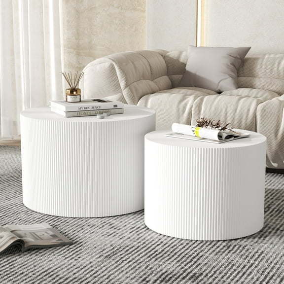 Round Coffee Table Set of 2, Modern White Wooden Nesting Tables for Living Room, No Assembly Required, Accent Side Tables for Bedroom or Balcony