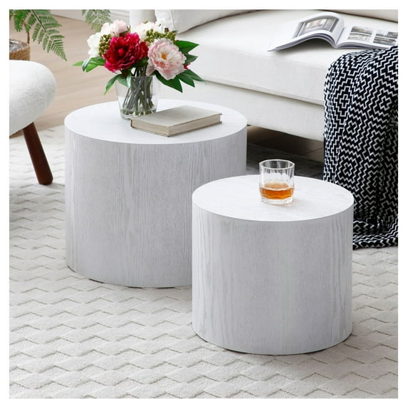Round Coffee Table Set of 2, Nesting Coffee Tables for MDF with veneer .for living room,office,bedroom,Natural, 4Colors WHITE