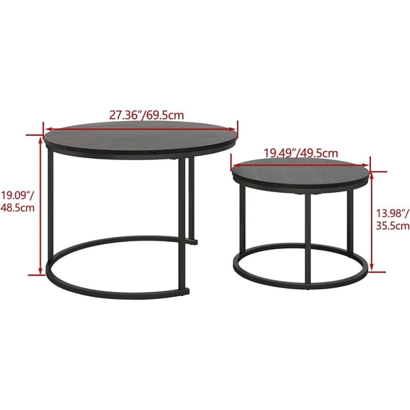 Round Coffee Table Set of 2, Nesting Side Tables for Living Room Office Small Space, Sturdy Easy Assembly Wood Desktop Black Large