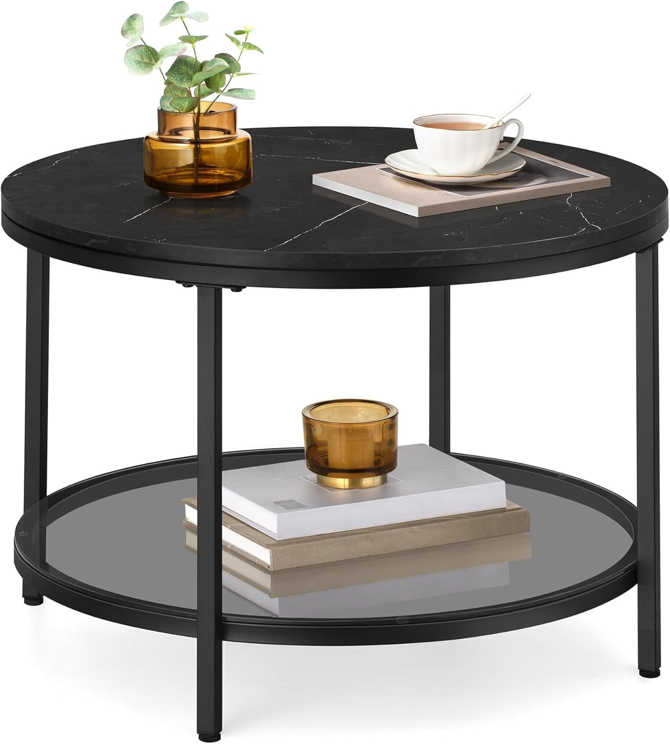 Round Coffee Table, Small Coffee Table with Faux Marble Top and Glass ...