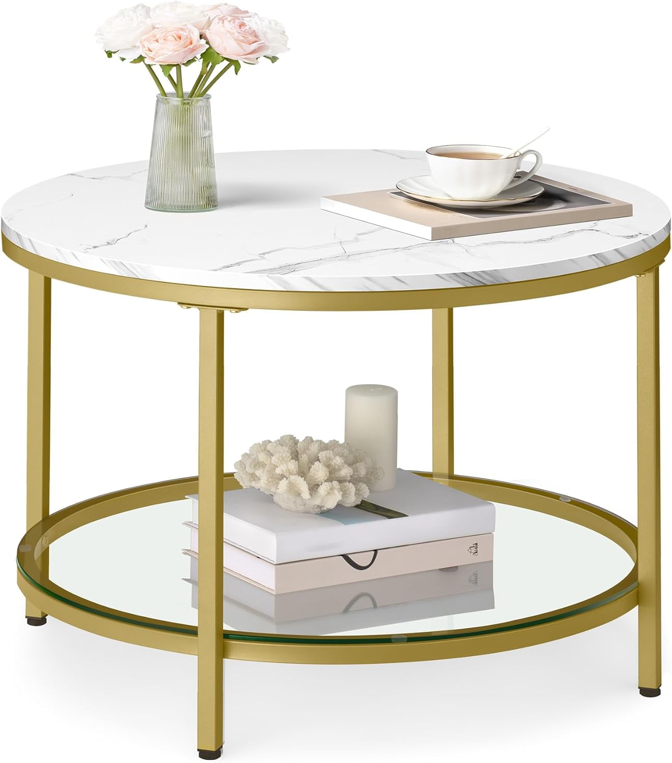Round Coffee Table Small Coffee Table with Faux Marble Top and Glass ...