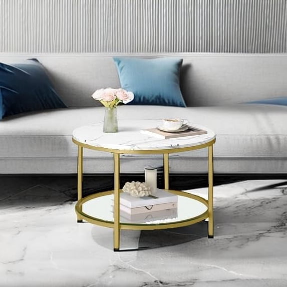 Round Coffee Table, Small Coffee Table with Faux Marble Top and Glass ...